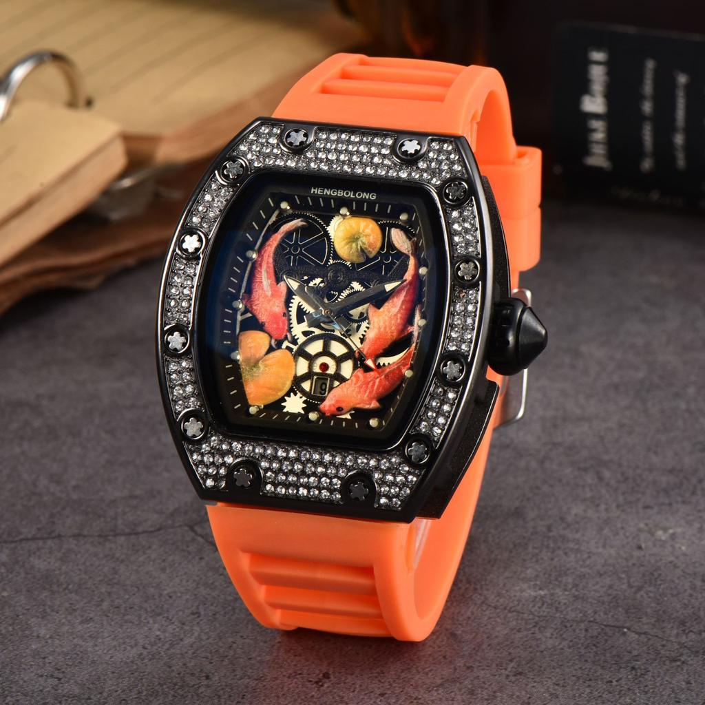 2025 New Hengbolong Diamond Quartz Watch Men's Fashion Koi Pattern with Calendar Silicone Watch with Spot
