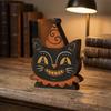 Decorative Tiered Tray Elements Halloween Vintage Wooden Ornaments, Cute Bat/Black Cat/Owl/Pumpkin/Ghost/Skull Decorations, Retro Double Sided Festive