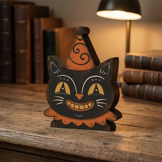 Decorative Tiered Tray Elements Halloween Vintage Wooden Ornaments, Cute Bat/Black Cat/Owl/Pumpkin/Ghost/Skull Decorations, Retro Double Sided Festive
