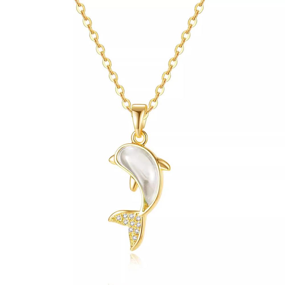 Elegant Dolphin Necklace for Women with Cat Eye Stone Marine Life Pendant Stainless Steel Temperament Jewelry Gift