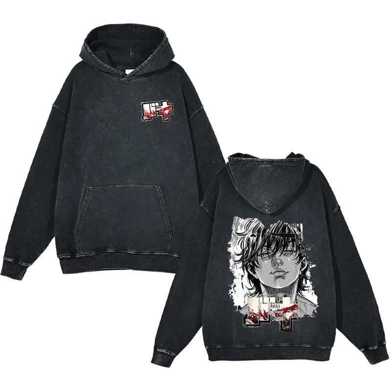 Baki Hanma Anime Streetwear Hoodie Heavyweight Cotton Washed Vintage Style Mens Long Sleeve Pullover