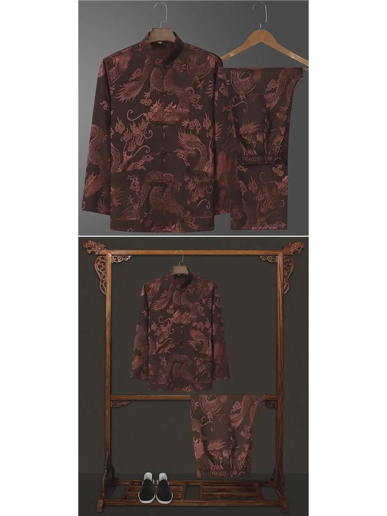 Ice Silk Tang Suit Long-Sleeved Shirt: Men's Chinese-Style Spring/Autumn Dress for Middle-Aged and Elderly
