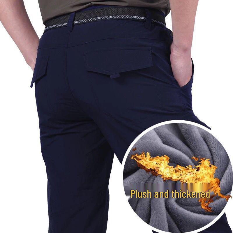In Stock Men's Quick-Dry Winter Outdoor Multi-Pocket Ski Pants, Plus Velvet Thick Straight-Leg Windproof Long Pants
