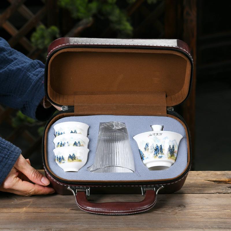 Suet Jade Porcelain High-end Travel Tea Set Cover Bowl Teacup Business Leader Customer Teacher Father Commemorative Gift