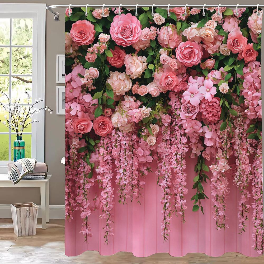 Pink Flower Shower Curtain For Women Bridal Wedding, Pink Flowers Romantic Suitable For Girls Hanging Curtain With Hooks