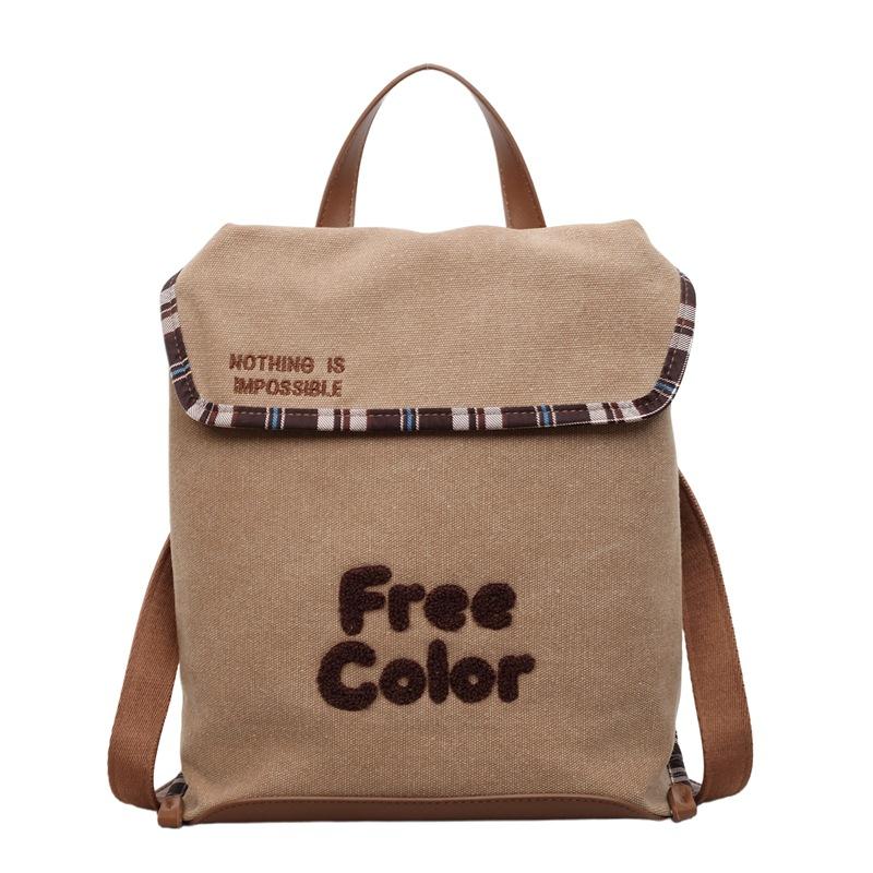 

Canvas Backpack with Embroidered Text and Plaid Trim for Casual Everyday Use хакі