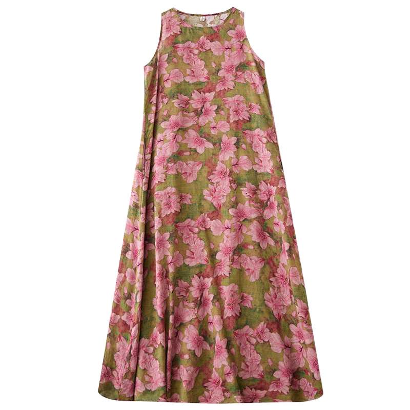 New Summer Bohemian Long Dress with A Fat and Oversized Sleeveless Round Neck Print