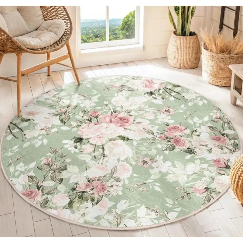 Spring Flower Round Carpet, Warm Winter Living Room Rug, Non-Slip Bedside Floor Mat for Bedroom, Cozy Home Decor Accent