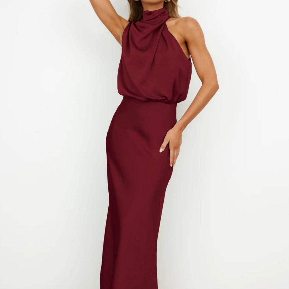 Pure Color Sleeveless Skirt Satin Silk Holiday Party Dress Fashion Long Evening Dress  Club