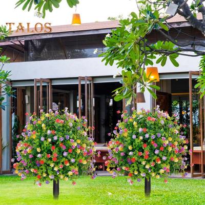Artificial Topiary with Flowers Outdoor Fake Bushes Plants with Ground Spike UV Resistant Faux Flowers for Garden Patio Balcony Decor