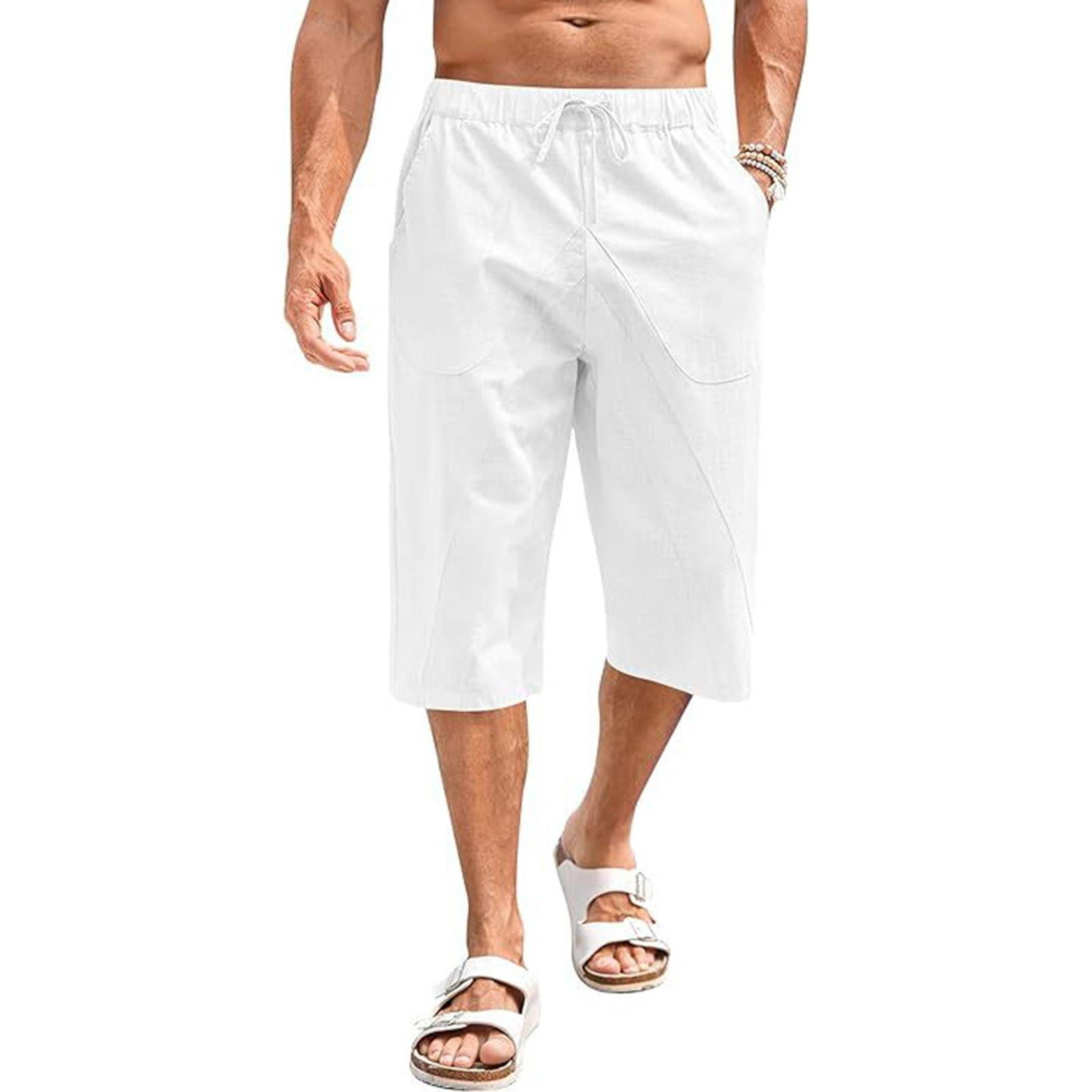 

Men s Cotton And Linen Pants, Summer Pants, Beach Pants, Drawstring Elastic Waist XL білий
