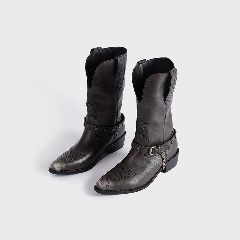 

2025 новые ретро пряжки для ремня европейские и американские ботинки в западном стиле на толстом каблуке с боковой молнией, ботинки-рыцари средней высоты, женские высокие ботинки 40 чёрный