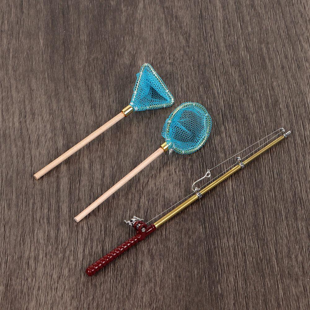 1:12 Scale Miniature Fishing Rod Fish Pole Trammel Net Dollhouse Decoration Doll Accessories Scene Model Micro Landscape