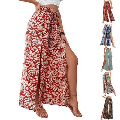 Pantalones Casuales Estampados para Mujer con Cordones de Pierna Ancha Recta con Abertura