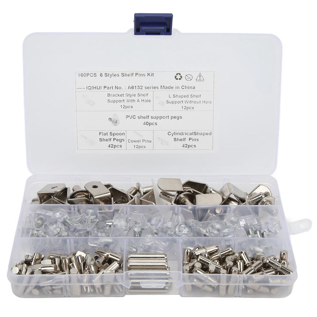 160pcs 6 Styles RV Shelf Pins Kit Nickel Shelf Support Pegs Cylindrical Pins Holder L Shaped Bracket