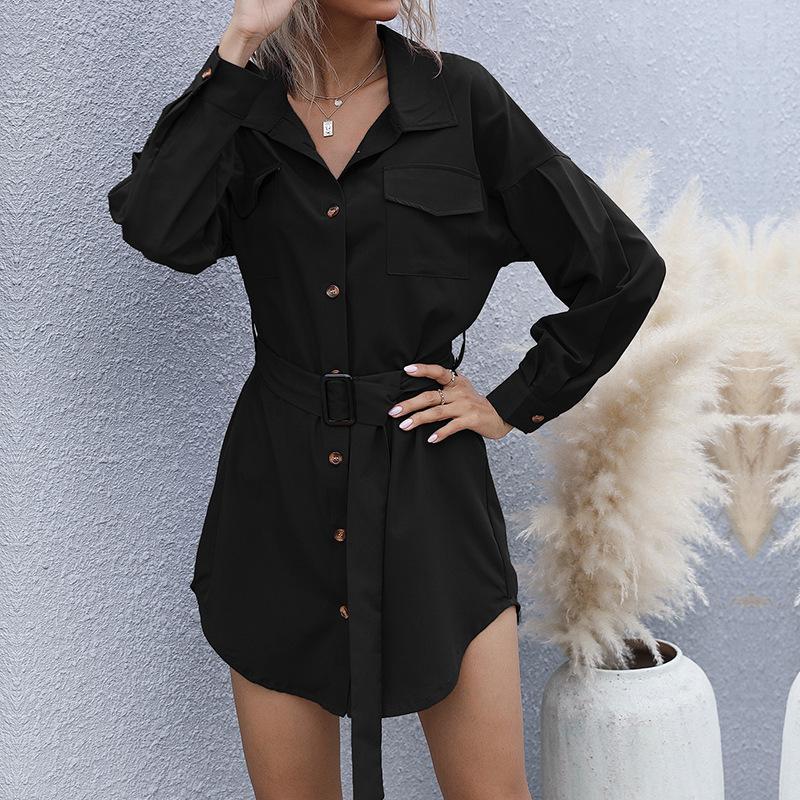 Casual versatile retro long-sleeved lapel solid color shirt skirt S