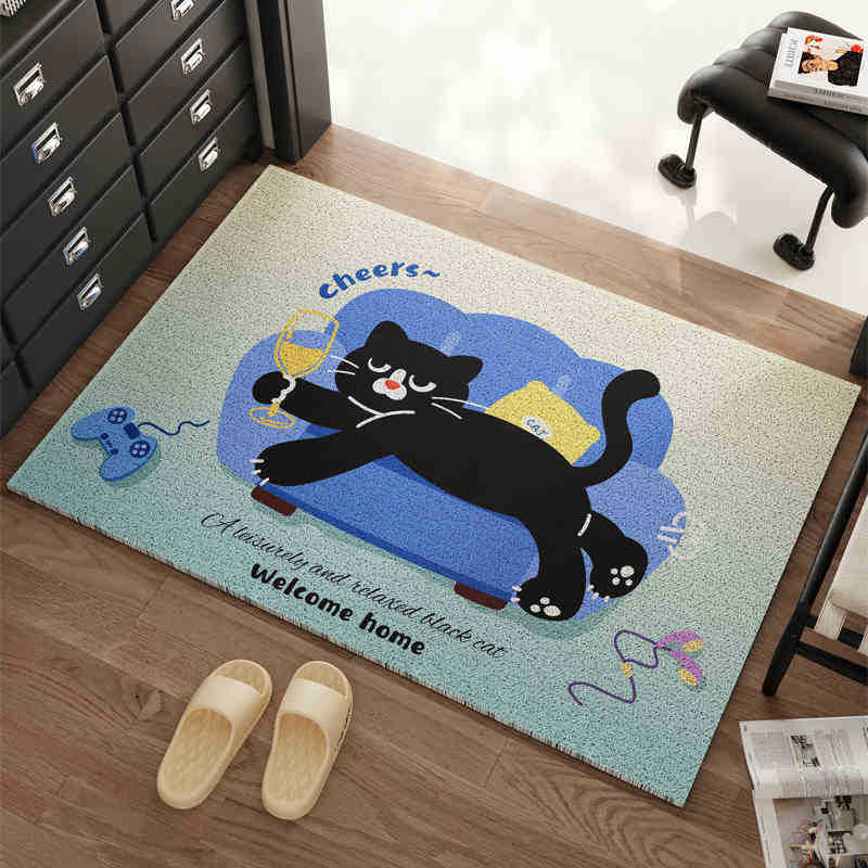 Cartoon Black Cat Carpet Mat Rug Leisure Reading Design with Welcome Home Text Non-slip Home Decoration Floor Mat Welcome Mat