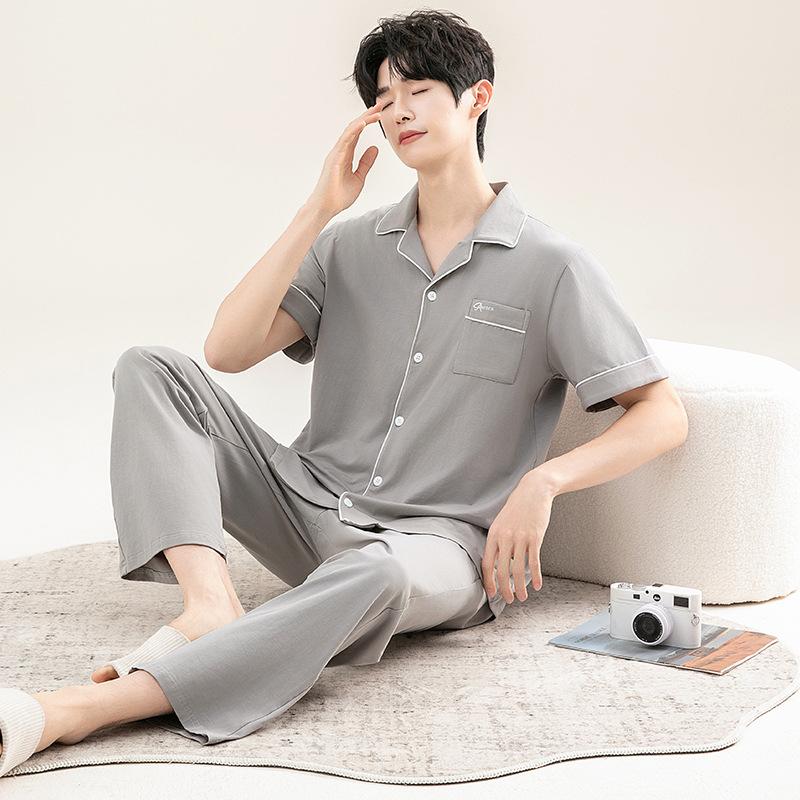 Pajamas men's 1011 new spring and summer pure cotton short-sleeved trousers youth thin can be worn outside loungewear summer suit