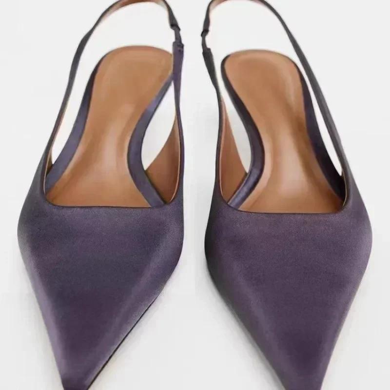 Fashion Elegant Purple Satin Low Heel Women Pumps Sexy Pointed Toe High Heels for Women Hollow Back Strap Mules Fashion Party Dress Shoe