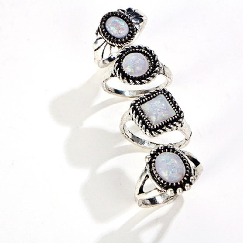 4 Stück/Set Ringe Set Natürlicher Edelstein Feueropal Ring