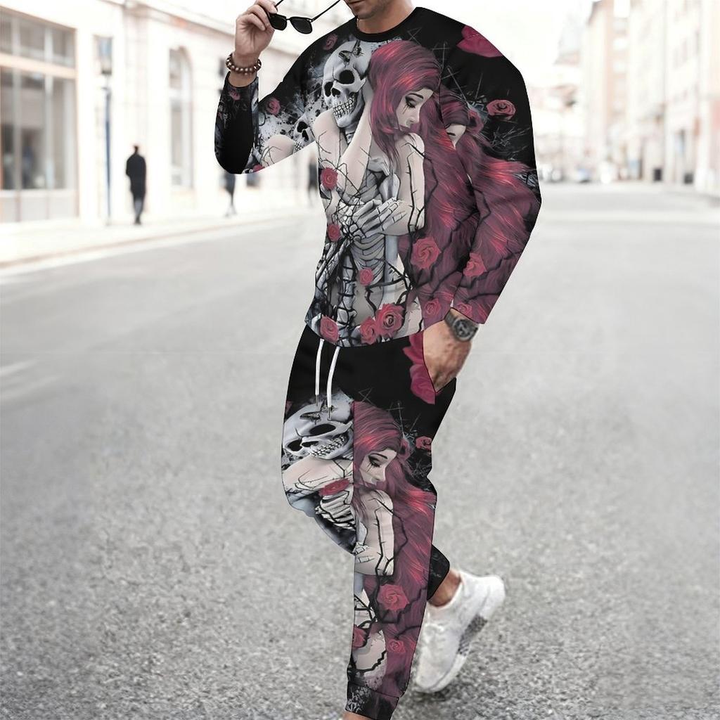 Men Contrast Panel Rose And Skull Art Print Long Sleeve Sweatshirt Jogger Pants Two Piece Suit