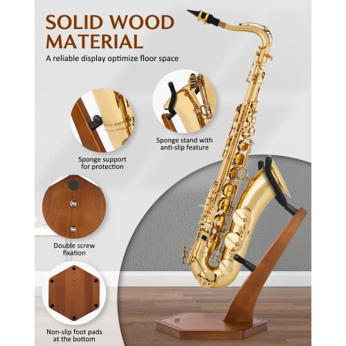 Suport pentru saxofon STRICH, Lemn masiv, pentru Alto și Tenor, Suport stabil de podea cu bază grea, Culoare nuc, FH-4