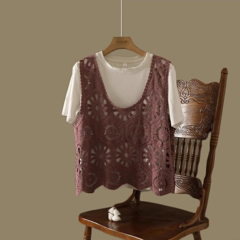 DIMANAF 2025 T-Shirt Women Knitting Lace Vest O-Neck Hollow Summer Style Basic Tops Tees Loose Clothing