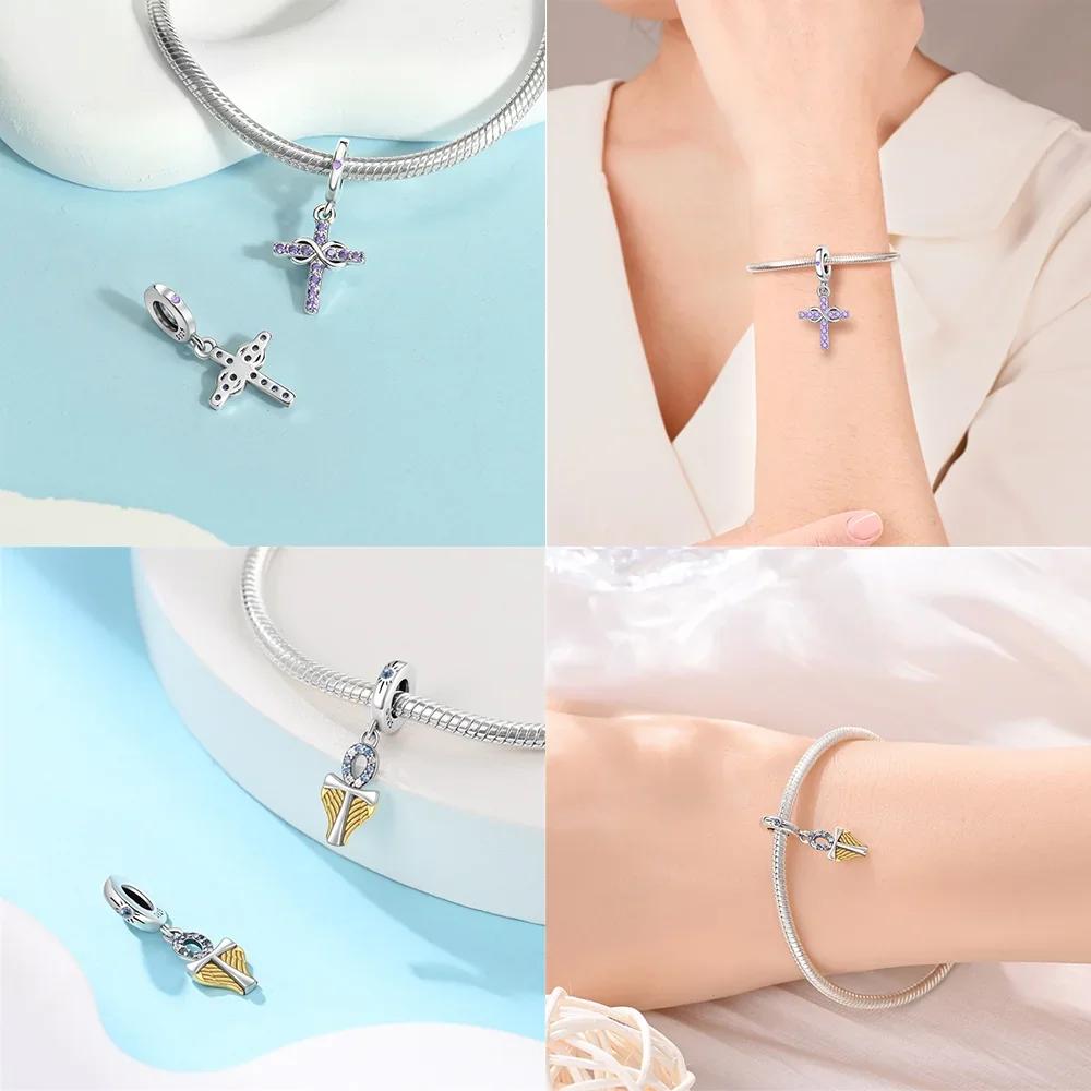 Pendants Woman Blue Copper Sunflower Purple Blue Cross Beads Charms Fit Original Pendant Bracelet Women Jewelry