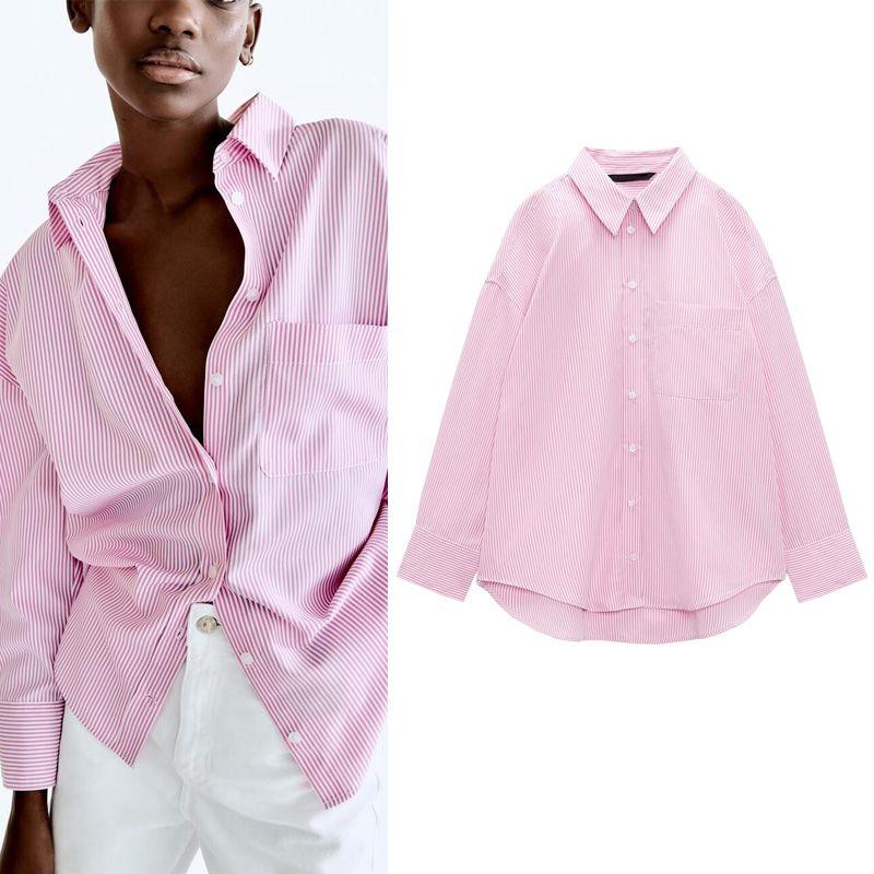 Autumn Loose Pink Long Sleeve Stripes Poplin Bottoming Shirt