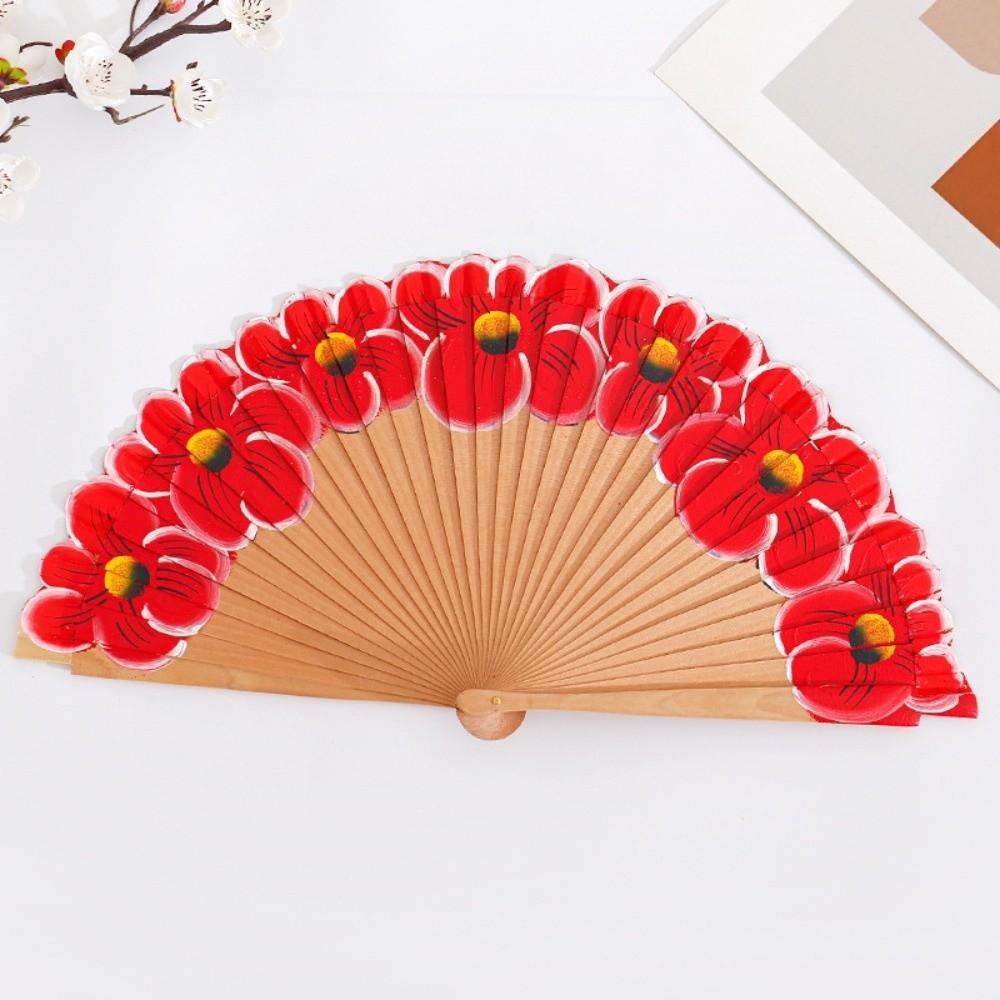 Chinese Style Wooden Folding Fan Hand-Painted Pattern Handheld Fan Ancient Flower Fan Women Use