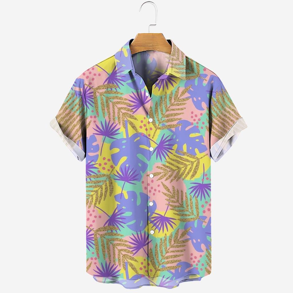 Hawaiian Short-sleeve Shirt for Men, Casual Vacation Style with Tropical Plant Pattern, Collared Men's Shirt