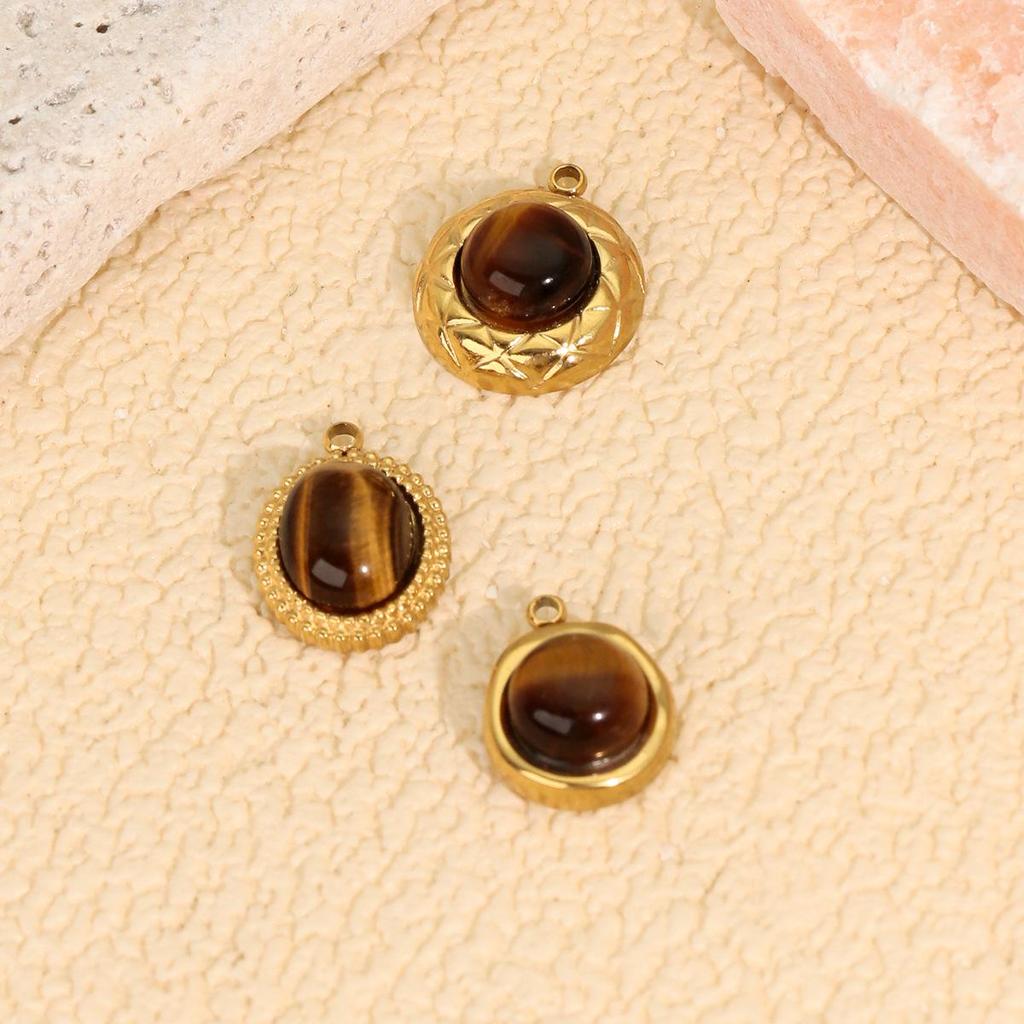 18K Gold Plated Stainless Steel Tiger's Eye Pendant - Oval Natural Stone DIY Jewelry Accessory with Vacuum Electroplating