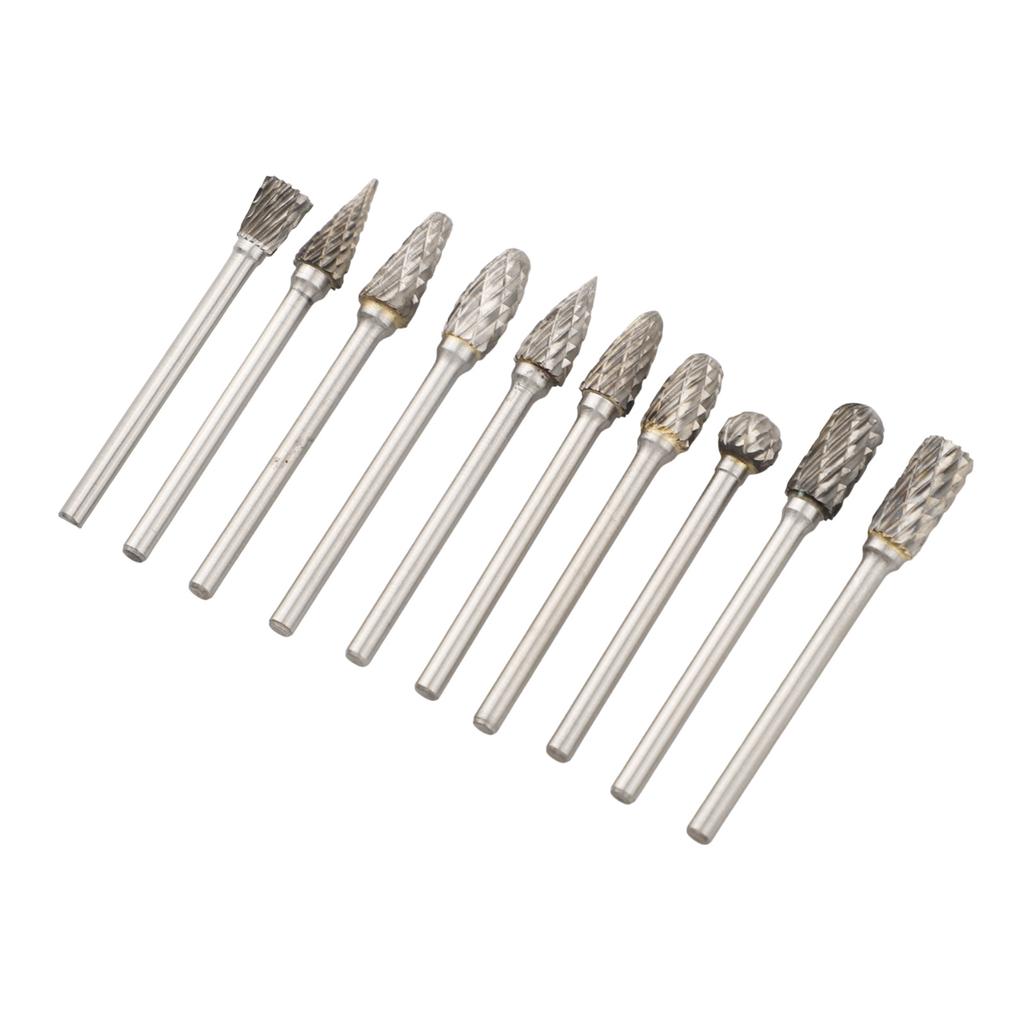 10pcs Rotary File Grinding Head Set Engraving Milling Cutter Head Tungsten Steel Double-Cut Grinding Heads Rotary Tools