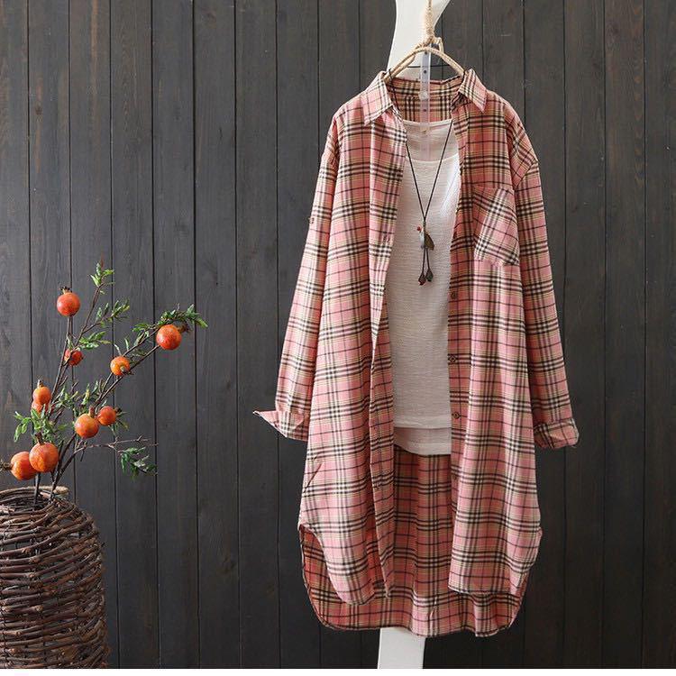 2024 Plus Size Women's Plaid Shirt: Spring Summer Korean-Style Temperament, Loose Cotton Linen Thin Jacket, Hong Kong Style