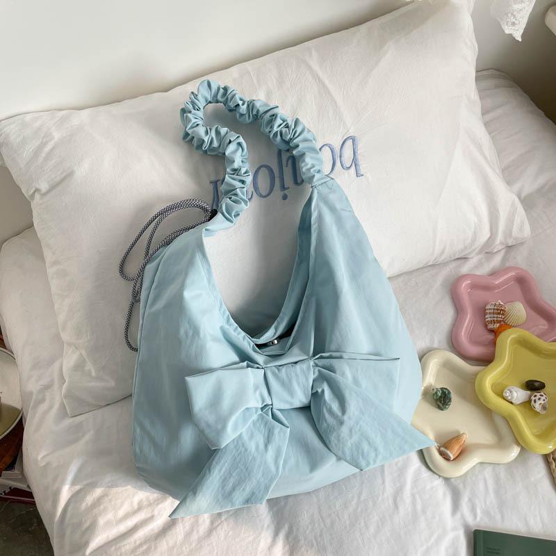 Trendy Korean Bow Drawstring Shoulder Bag Women Fashi and Versatile Commuting Bag Large Capacity Casual and Simple Cloud Bag синий