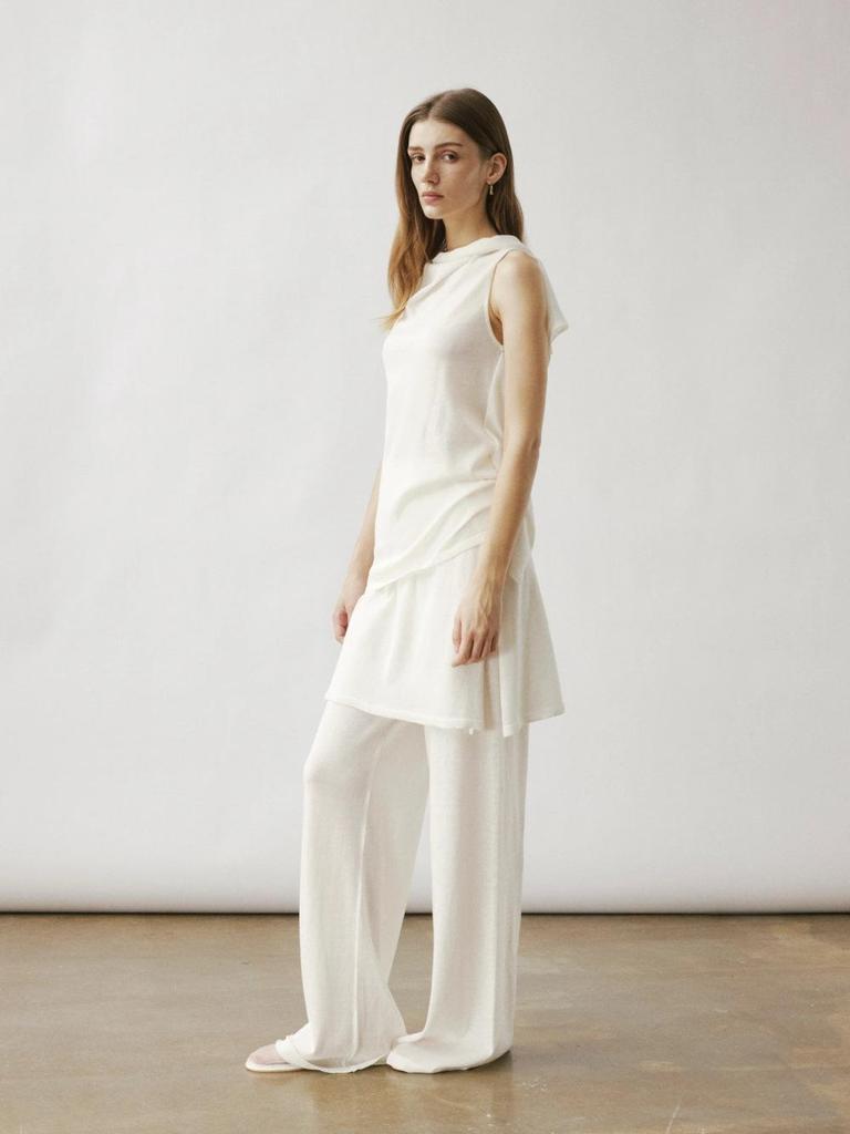 Longmei Women's Knit Wide-Leg Fake Two-Piece Elastic Waist Pants - Spring/Summer 2026 Minimalist Style Straight-Leg Trousers