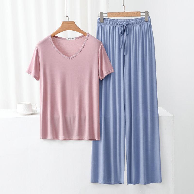 Modal Homewear 2pcs Pajamas Set Short Sleeve Tops and Trousers Solid Color Casual Loose Sleepwear Suit Plus Size Nightwear