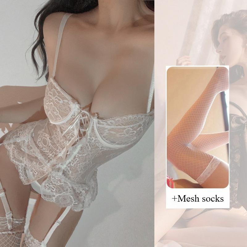 Sexy Lingerie Push Up Underwire Bralette See Through Lace Maiden Bra Open Crotch Babydoll Chemise Harness for Small Breast Women