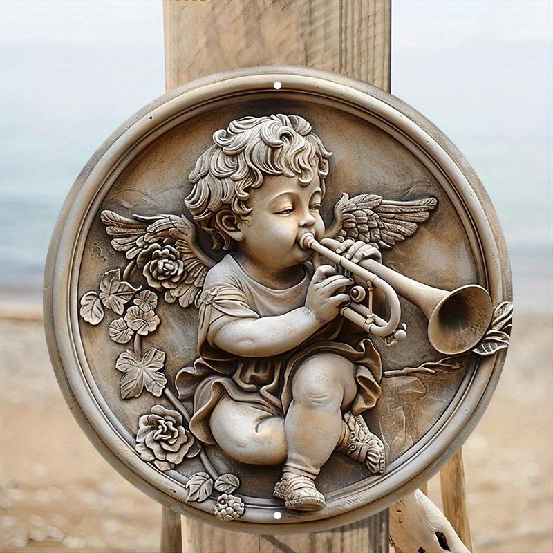 3D Relief Engel Trompete spielend, Holzschild, Geeignet für Wohnzimmer, Wand, Heimdekoration, Lustige Deko, Als Geschenk