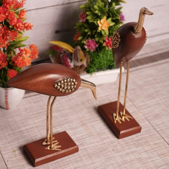 Wood and Brass Saras, Wood Antique Decorative Saras Swan Crane Love Birds Showpiece Home Decor Set of 2