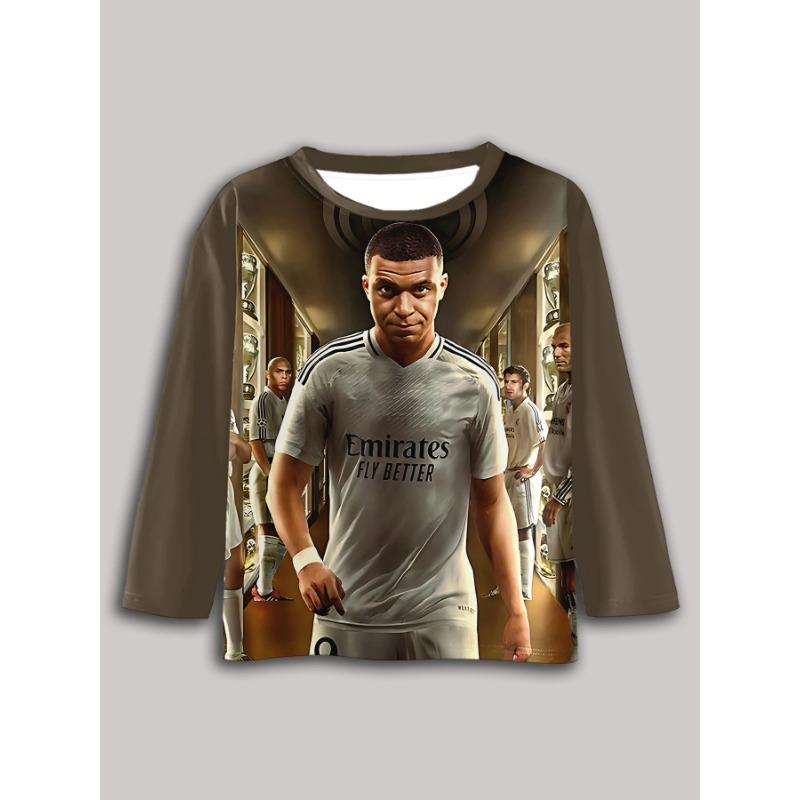 Spring and Autumn Round Neck 3D Football Star Kylian Mbappé Pattern Printed Top Fashionable Casual Long Sleeved Children's Boy T-shirts