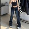 Y2K High Street Low Rise Jeans Blue Women Pants Bootcut Pockets Jeans Streetwear Low Waist Jeans Wide Leg Pants