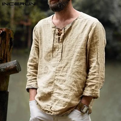 Ανδρικά μακρυμάνικα με κορδόνια πουκάμισα 100% βαμβακερά Vintage μονόχρωμα μπλουζάκια casual S-XXXXXL