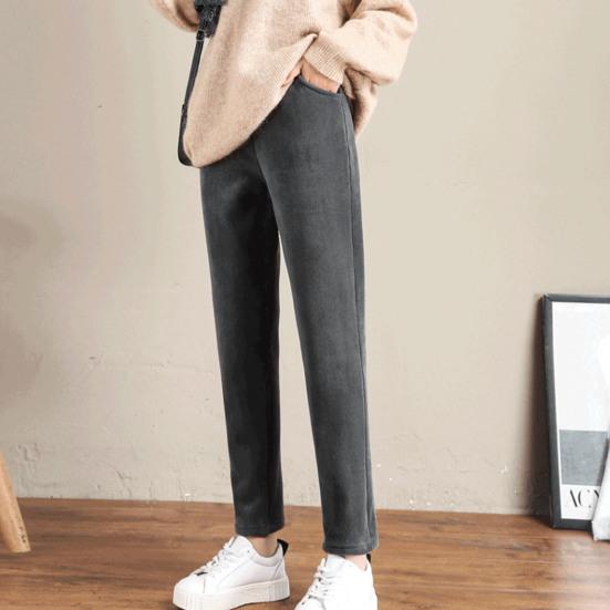 Women Autumn Winter Corduroy Harem Pants Elastic Waist Pockets Solid Color Long Trousers Thickened Fleece Lining Casual Pants