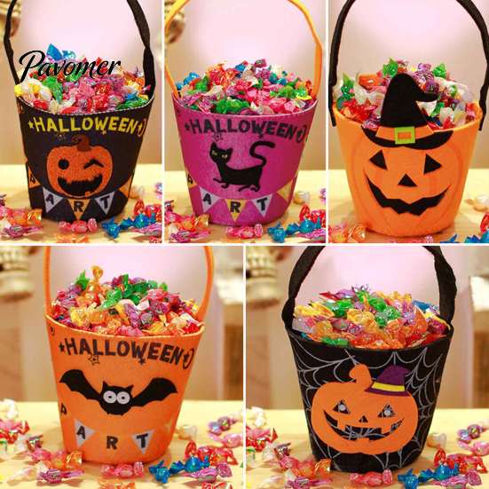 Großer Süßigkeitenspender Halloween Süßes oder Saures Eimer für Kinder, Kürbisgesicht Geist Fledermaus Katze Rollenspiel Requisiten Snackkorb, mit Griff Party