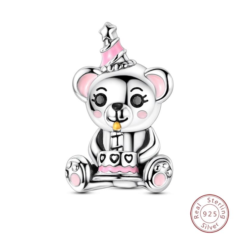 S925 Silver Birthday Bear Lucky Cat Elephant Family Firefly Charms Beads Fit 3mm Bracelets DIY Fine Jewelry
