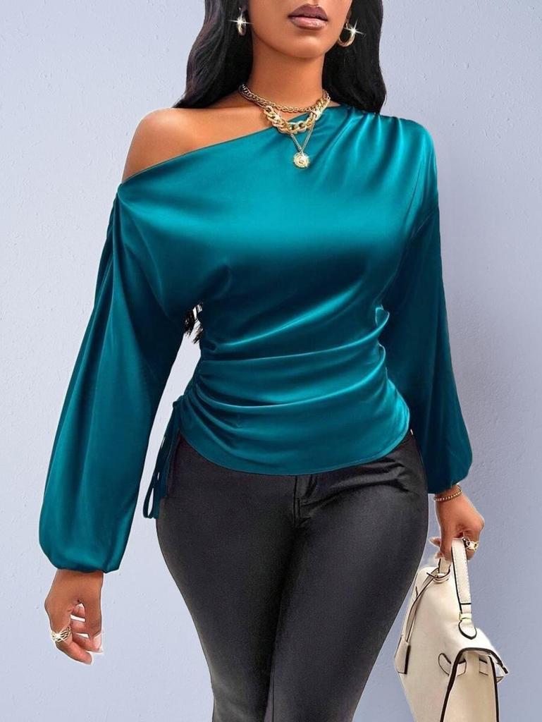 Asymmetrical Satin Blouse with Slanted Collar - Women's Spring/Autumn Collection
