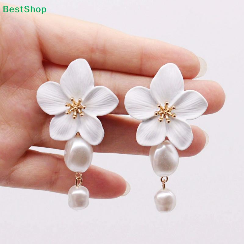 Elegant Baroque Imitation Pearl White Flower Drop Earrings For Women Dainty Dangle Earrings Banquet Party Jewelry Gift
