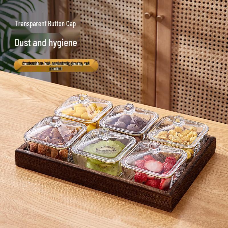 RuHan Gold-Rimmed Glass Fruit Plate Set with Paulownia Wood Tray