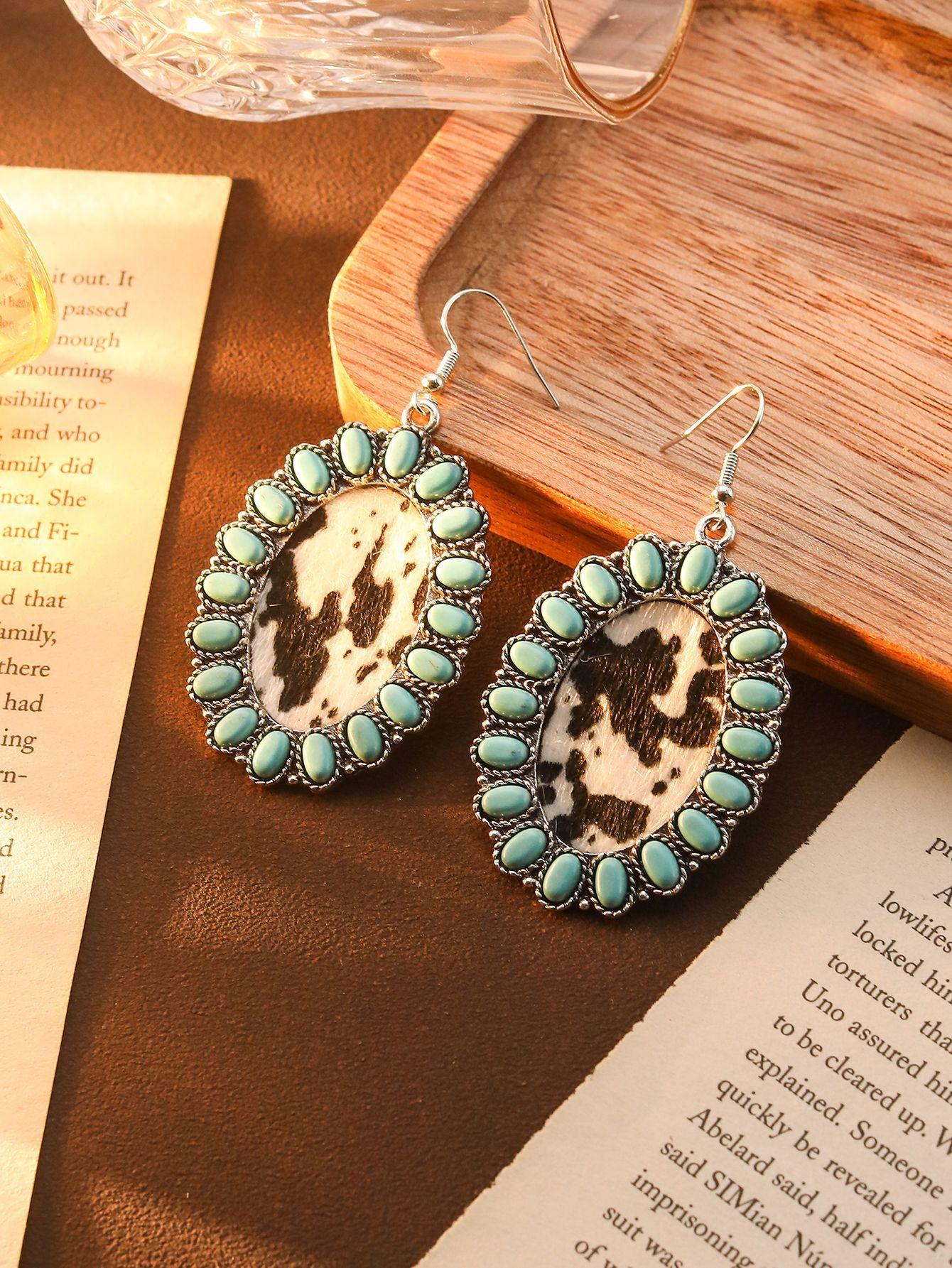 Fashion Retro Bohemian Turquoise Leopard Print Pendant Earrings Ethnic Style Long Earrings
